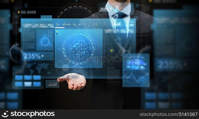 business, future technology, cyberspace and people - close up of businessman with virtual screens projection over black background. businessman with virtual screens over black
