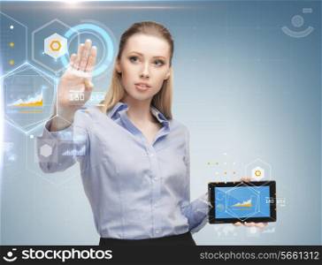 business, future technology, development and people concept - young businesswoman working with tablet pc and graph projections