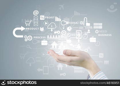 Business futuristic concept. Close up of businessman hand presenting in palm digital business strategy