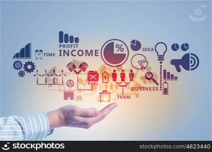 Business futuristic concept. Close up of businessman hand presenting in palm digital business strategy