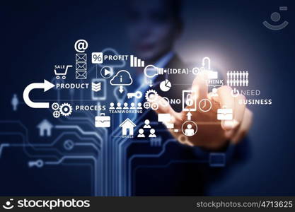 Business futuristic concept. Close up of businessman touching icon of media screen