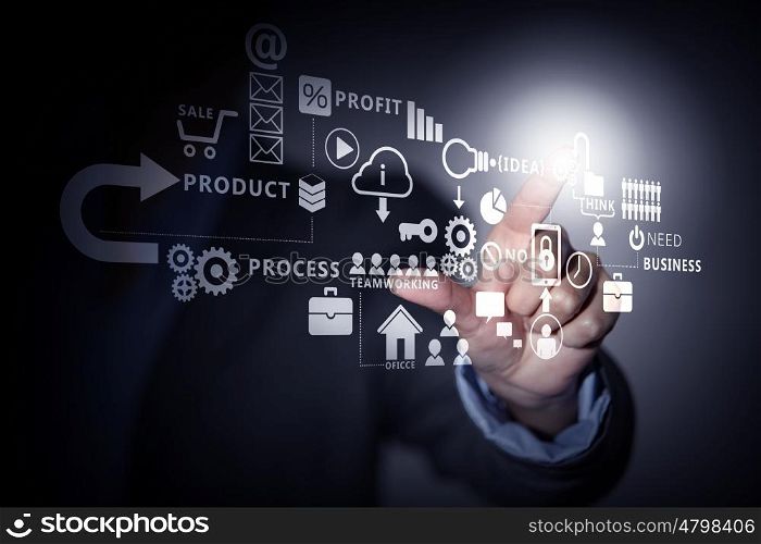 Business futuristic concept. Close up of businessman touching icon of media screen