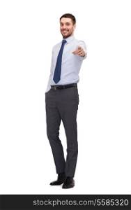business, gesture and office concept - handsome buisnessman pointing finger at you