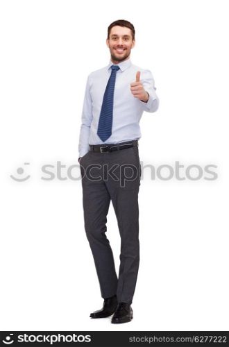 business, gesture and office concept - handsome businessman showing thumbs up