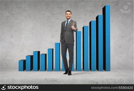 business, gesture and office concept - handsome businessman showing thumbs up with growing chart on the back