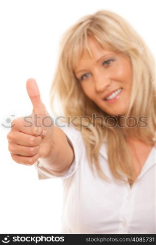 Business, gesture and office concept. Happy mature woman giving thumbs up sign isolated