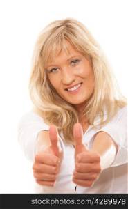 Business, gesture and office concept. Happy mature woman giving thumbs up sign isolated