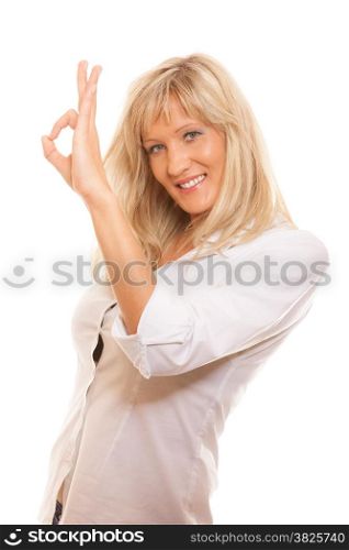 Business, gesture and office concept. Happy mature woman showing ok sign isolated