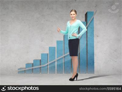 business, gesture and office concept - smiling businesswoman showing thumbs up with growing chart on the back