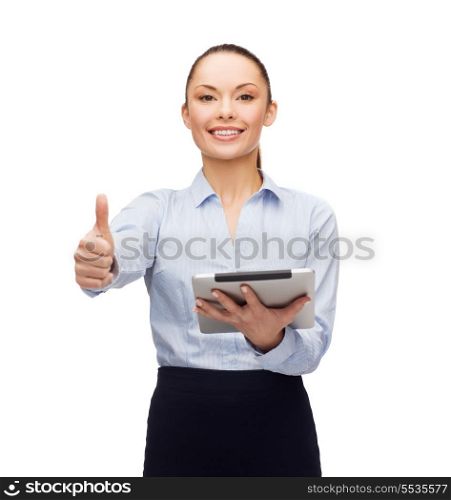 business, gesture, internet and technology concept - smiling woman looking at tablet pc computer showing thumbs up