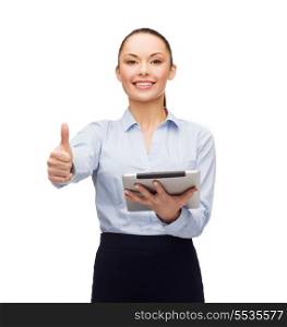business, gesture, internet and technology concept - smiling woman looking at tablet pc computer showing thumbs up