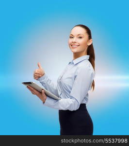 business, gesture, internet and technology concept - smiling woman looking at tablet pc computer showing thumbs up