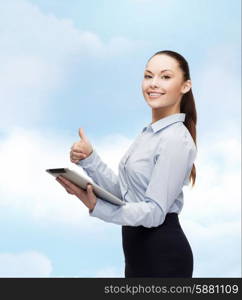 business, gesture, internet and technology concept - smiling woman looking at tablet pc computer showing thumbs up