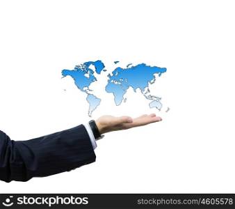 Business globalization. Businessman holding map in palm. Global interaction
