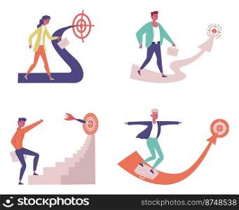Business goals achievements. Female and male office workers going to aim, employees getting success at work. Motivated man and woman with briefcases climbing career ladder vector set. Business goals achievements. Female and male office workers going to aim, employees getting success at work
