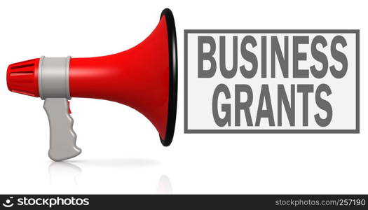 Business grants word with red megaphone isolated on white, 3D rendering