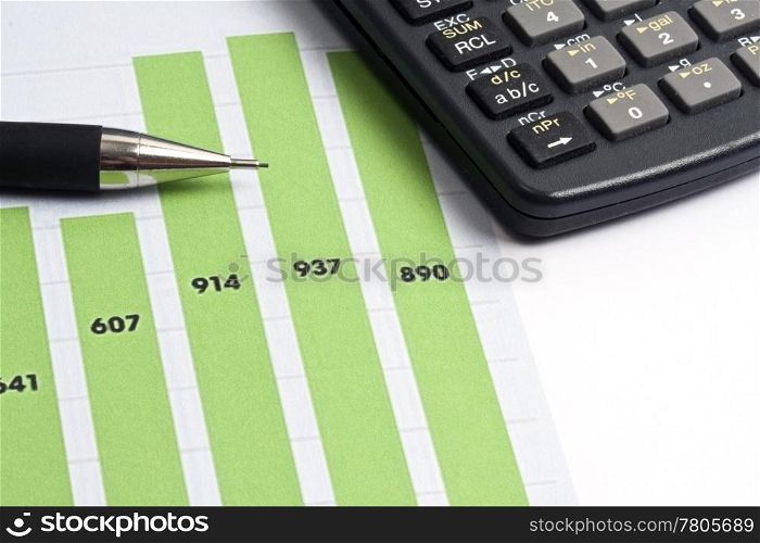 Business graph, a calculator and a pen