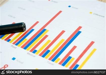Business graph of financial analytics and pen.