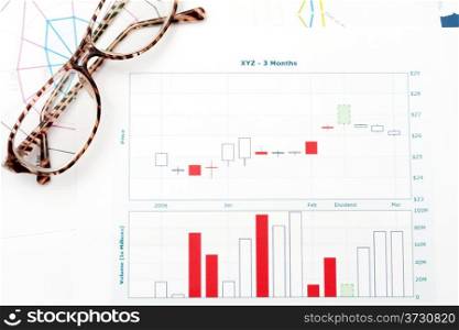 Business graph printed on white paper with glasses on it