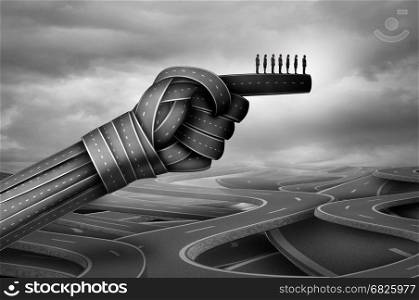Business group advice and corporate company direction as businesspeople guided by roads shaped as a pointing hand with 3D illustration elements.