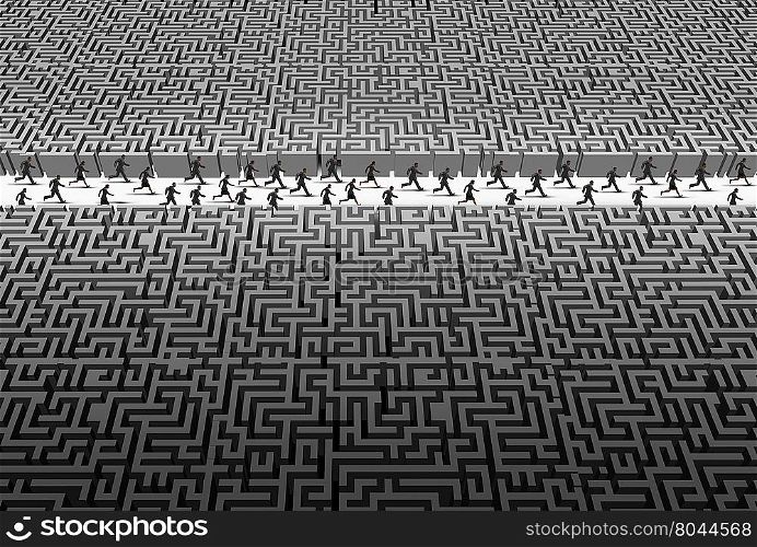 Business group and social success with a teamwork of businesspeople running through a clear path inside a maze or labyrinth as a team motivation metaphor for businessmen and businesswomen achievement with 3D illustration elements.