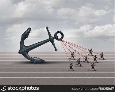 Business group challenge as a team of workers pulling a heavy anchor together as a corporate metaphor for overcoming the burden and obstacles of a company with 3D illustration elements.