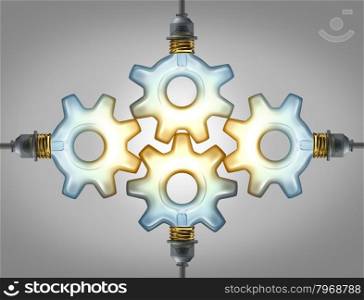 Business group Inspiration concept as four glowing electric light bulbs in the shape of a gear wheel and cogs connected together in a strong network of partnership for a brilliant success.