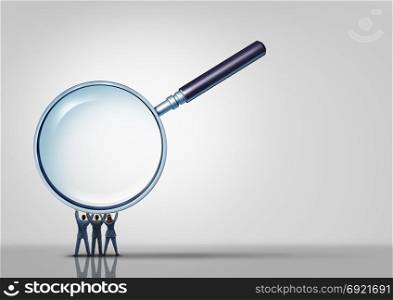 Business group looking together as businessmen and businesswoman holding up a magnifying glass with 3D illustration elements.