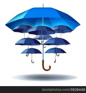 Business group protection and community security concept with a giant blue umbrella metaphor protecting multiple smaller umbrellas connected together in a social network as a symbol to protect team members.