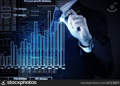 Business growth. Chest view of businessman drawing with pencil increasing graph