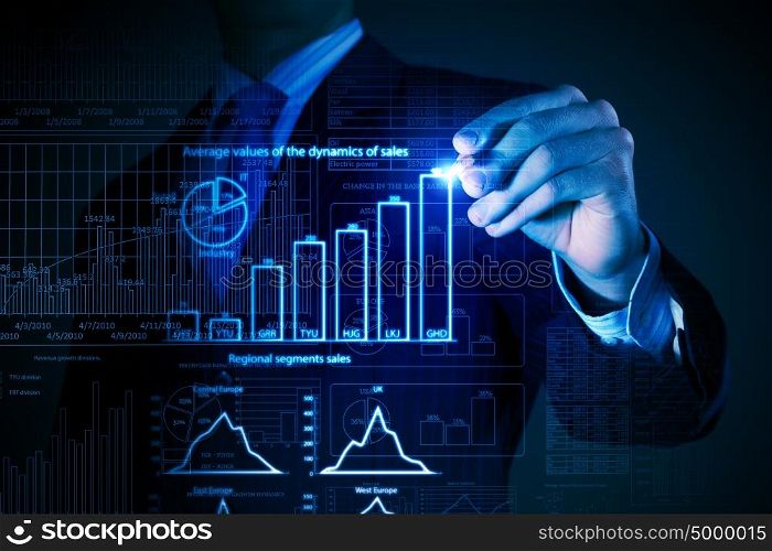 Business growth. Chest view of businessman drawing with pencil increasing graph