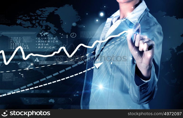 Business growth. Chest view of businesswoman drawing with pencil increasing graph