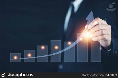 Business growth concept, Business development to success and growing growth concept, Businessman pointing arrow graph corporate future growth plan