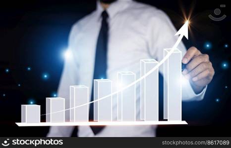 Business growth concept, Businessman pointing arrow graph and chart, corporate growth plan or business development to success and growing growth concept