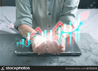business growth plan with virtual hologram chart Calculate earnings and capital gains and increase in positive growth indicators. stock return investment technology concept.