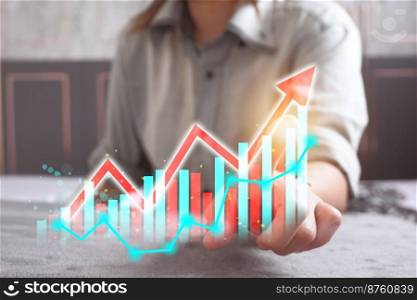 business growth plan with virtual hologram chart Calculate earnings and capital gains and increase in positive growth indicators. stock return investment technology concept.