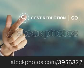 business hand clicking cost reduction button on search toolbar with vintage style effect