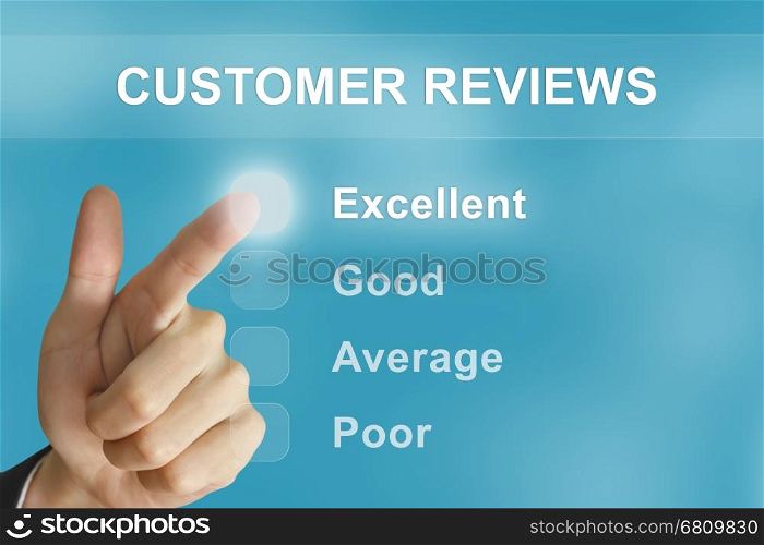 business hand clicking customer reviews button on screen