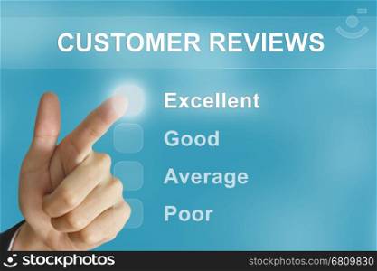 business hand clicking customer reviews button on screen
