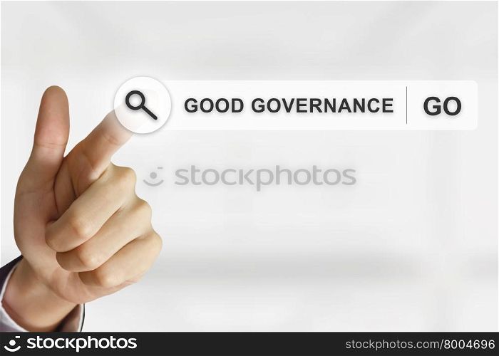 business hand clicking good governance button on search toolbar with blurred background