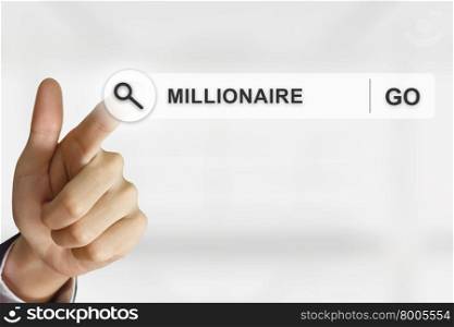 business hand clicking millionaire button on search toolbar with blurred background