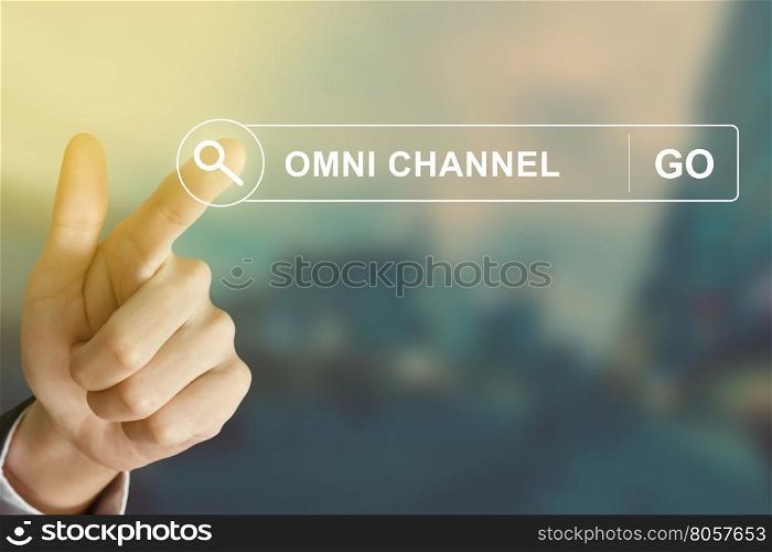 business hand clicking omni channel button on search toolbar with vintage style effect
