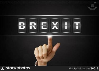business hand pushing brexit or british exit on Flipboard Display