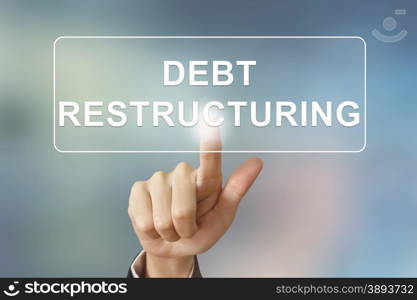 business hand pushing debt restructuring button on blurred background