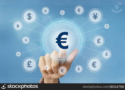 business hand pushing euro currency button with global networking concept