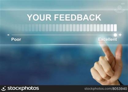 business hand pushing excellent your feedback on virtual screen interface