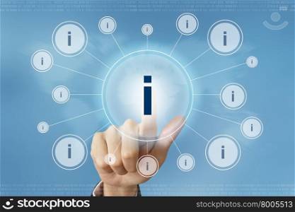 business hand pushing information button with global networking concept