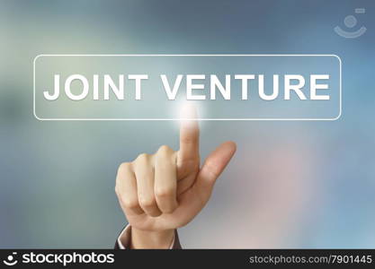 business hand pushing joint venture button on blurred background