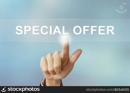 business hand pushing special offer button on blurred background