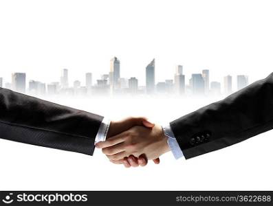 business handshake against white background with city image